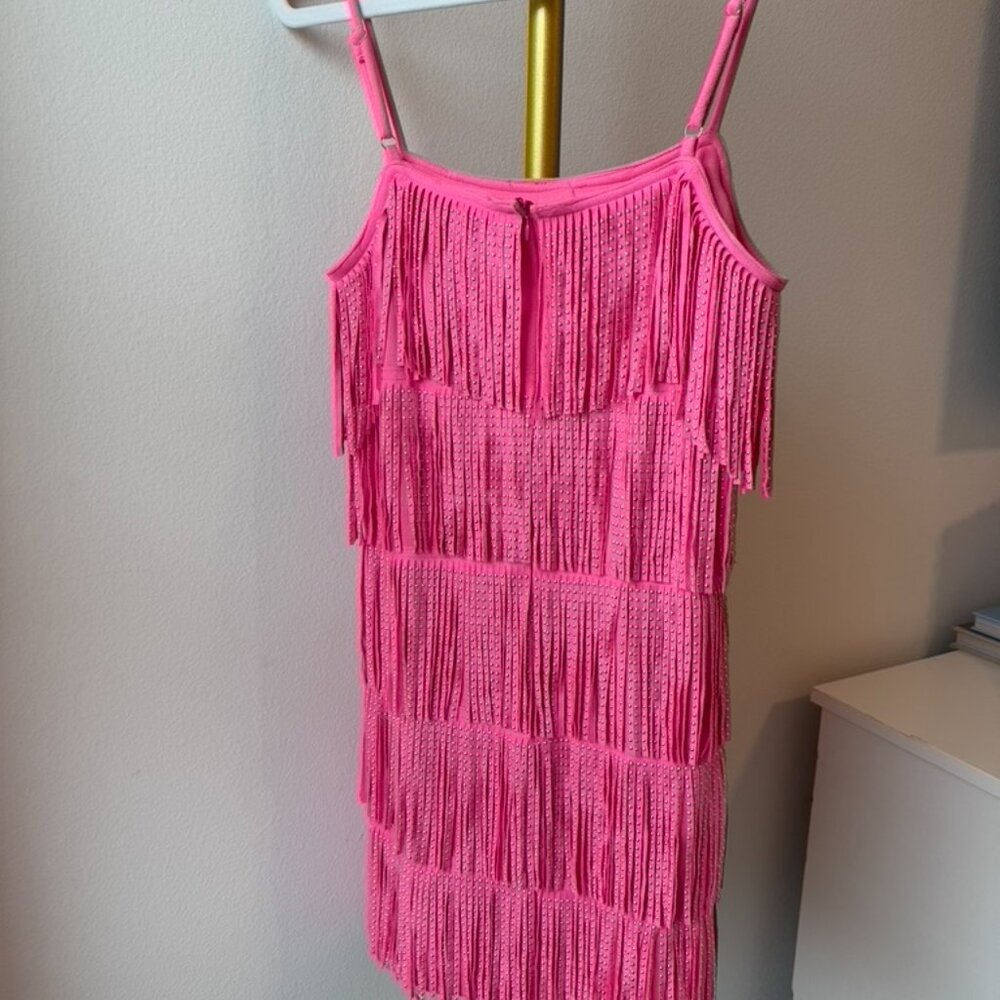 TCEC Hot Pink Fringe Rhinestone Mini Dress Size M - Picture 3 of 4